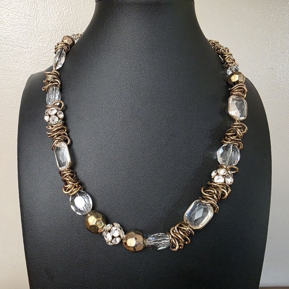 Elegant Gold and Clear Beaded Necklace. Heavy Necklace. Very Unique and Beautif